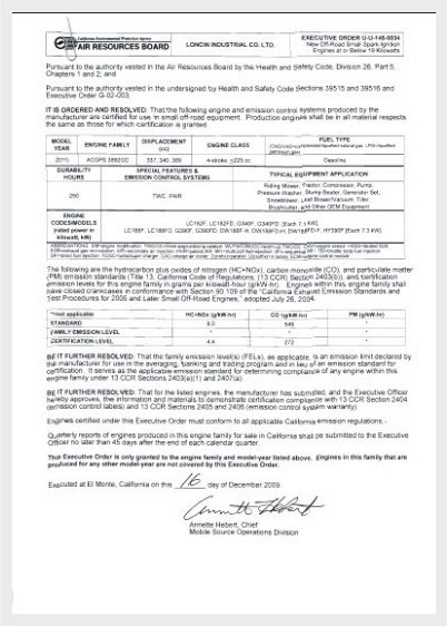 CARB CERTIFICATE FOR ENGINE