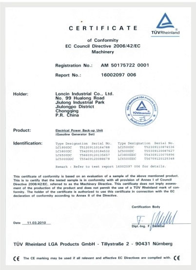 CE CERTIFICATE FOR ENGERATOR