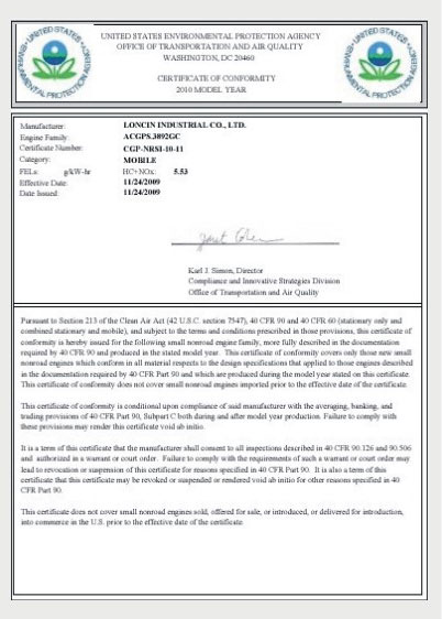EPA CERTIFICATE FOR ENGINE